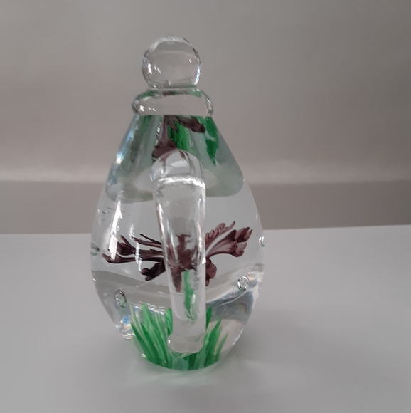 Glass, egg shaped teapot. Grass  and flowers inside. Weight: approx: 1.5 pounds. - Picture 3 of 4